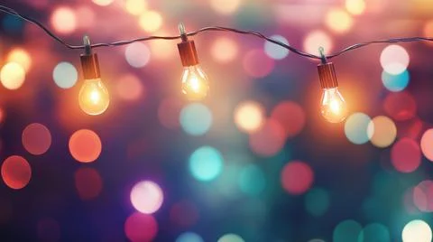 Festive string lights glowing against a colorful bokeh background in a Stock Photos