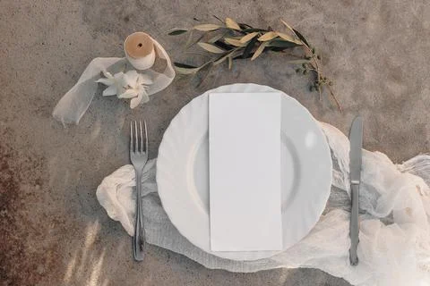 Festive summer summer setting with silver cutlery, olive branch and plate Photos
