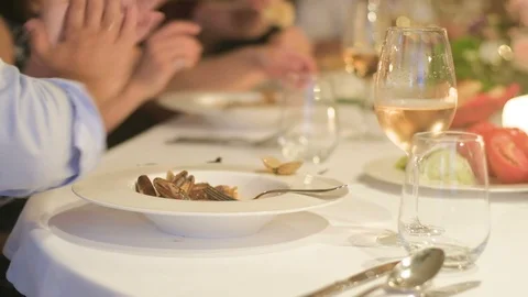 Festive table with appetizers and man hands  with food Stock-Footage 96013249