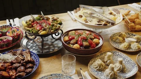 Festive Table with Assorted Traditional Dishes Stock Footage 301529190