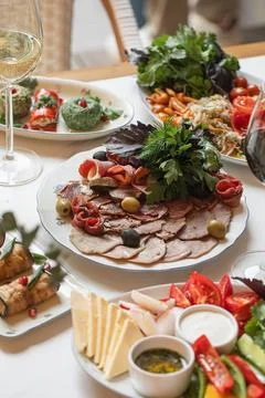 Festive table with cold cuts salads and appetizers Stock Photos