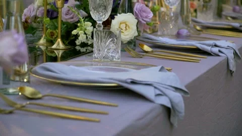 Festive table decor. Fine Dining Restaurant. Luxury wedding, party, Stock Footage 155961922