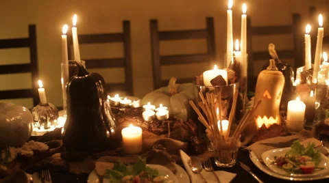 Festive table decorations for Halloween Stock Footage 57600322