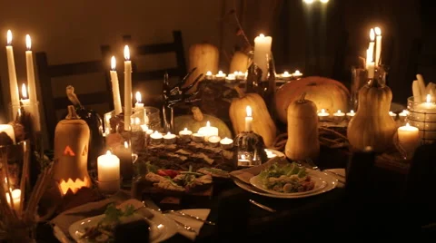 Festive table decorations for Halloween pan shot Stock Footage 57600090