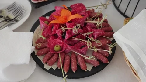 Festive table with delicious snacks. Wedding in Ukraine Stock Footage 231596181