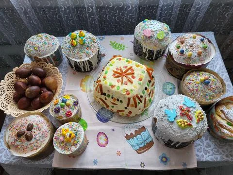 Festive table with different types of Easter Stock Photos