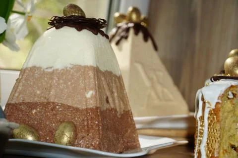 Festive table for Easter.A lot of Easter cakes from curd dough decorated Stock Photos