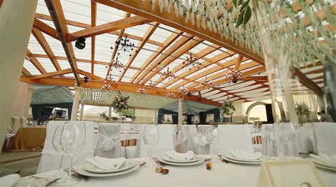 Festive table elegantly served in a beautiful restaurant. Dolly shot Stock Footage 46241813