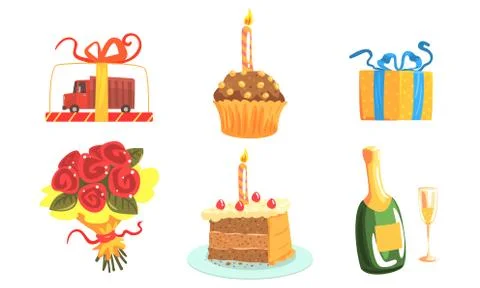 Festive Table Elements, Food And Party Attributes Vector Illustration Set Illustrazione stock