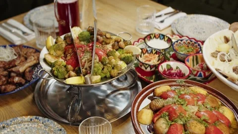 Festive Table with Grilled Meat and Colorful Appetizers Stock Footage 301529771