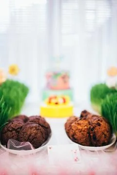 Festive table with a large cake with mastic flowers. Candy bar with grass on  Stock Photos