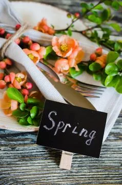 Festive table place setting with spring blossoming branch on wooden backgroun Stock Photos