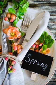 Festive table place setting with spring blossoming branch on wooden backgroun 스톡 사진