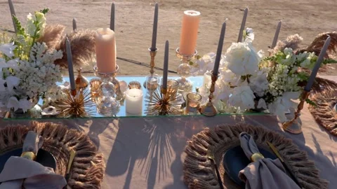 Festive table on the seashore decorated for the wedding Stock Footage 167842548
