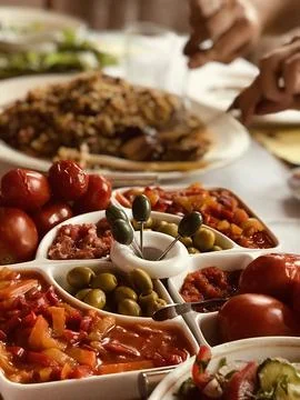 Festive table set served in restaurant with home-concept food Stock Photos