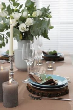 Festive table setting with beautiful tableware and decor indoors Stock Photos