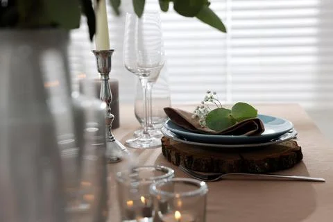 Festive table setting with beautiful tableware and decor indoors Stock Photos
