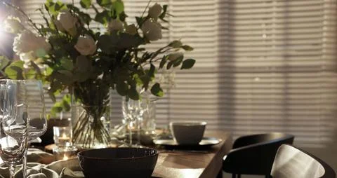 Festive table setting with beautiful tableware and decor indoors. Banner desi Stock Photos