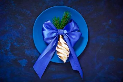 Festive table setting with Christmas decorations of Christmas tree branches,  Stock Photos