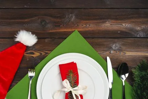 Festive table setting for Christmas dinner, top view Stock Photos
