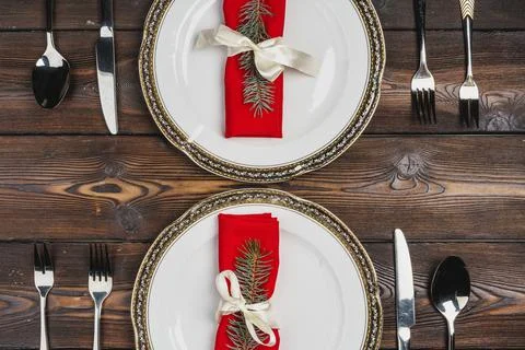 Festive table setting for Christmas dinner, top view Stock Photos