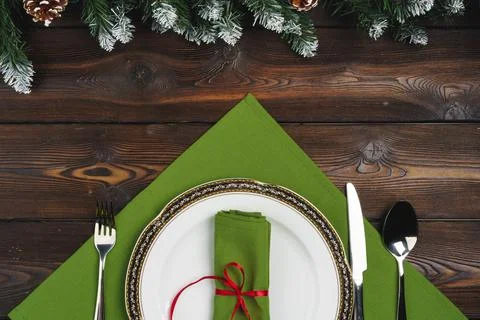 Festive table setting for Christmas dinner, top view Stock Photos