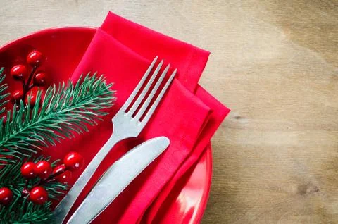 Festive Table Setting for Christmas Eve. Stock Photos