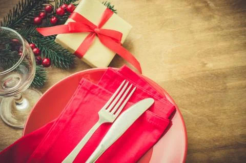 Festive Table Setting for Christmas Eve. 스톡 사진