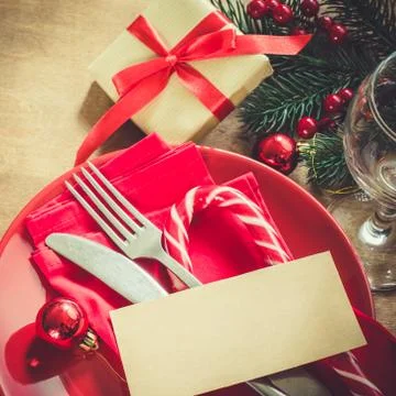 Festive Table Setting for Christmas Eve. Stock Photos