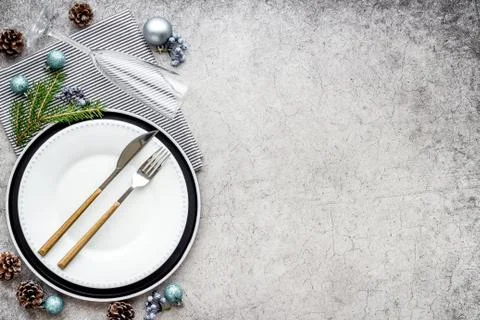 Festive table setting for Christmas or New year dinner. Top view Stock Photos