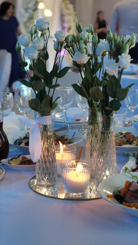 Festive table setting, decoration. organization of a luxurious event wedding Stock Footage 306749648