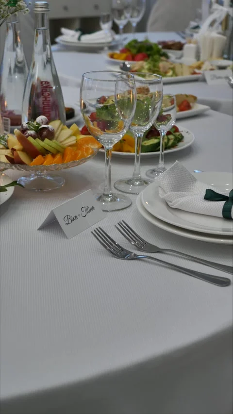 Festive table setting, decoration. organization of a luxurious event wedding Stock Footage 306882839