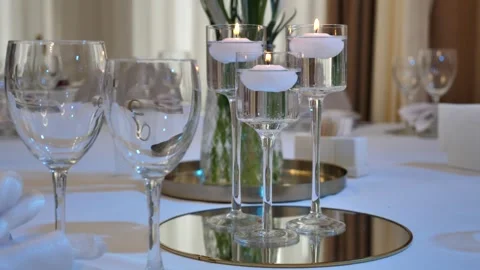 Festive table setting, decoration. organization of a luxurious event wedding. Stock Footage 329419424