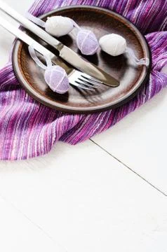 Festive table setting for Easter dinner with eggs 스톡 사진