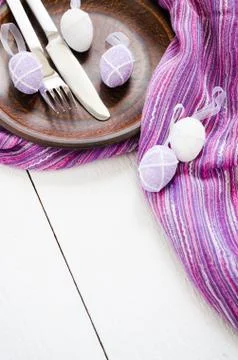 Festive table setting for Easter dinner with eggs 스톡 사진