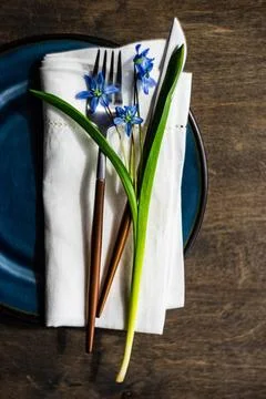  Festive table setting for Easter dinner Festive table setting with scilla... Foto stock