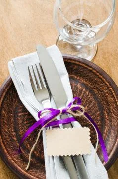 Festive Table Setting With Empty Tag. 스톡 사진