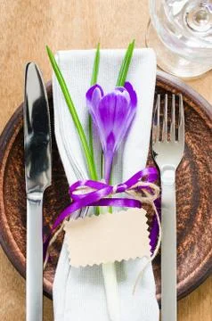 Festive Table Setting With Flower and Empty Tag. Stock Photos