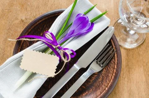 Festive Table Setting With Flower and Empty Tag. Stock Photos