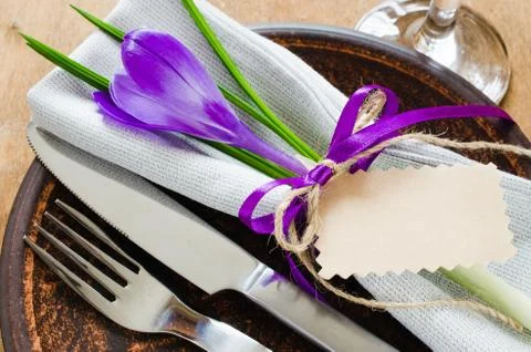 Festive Table Setting With Flower and Empty Tag. Stock Photos