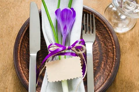 Festive Table Setting With Flower and Empty Card. Stock Photos