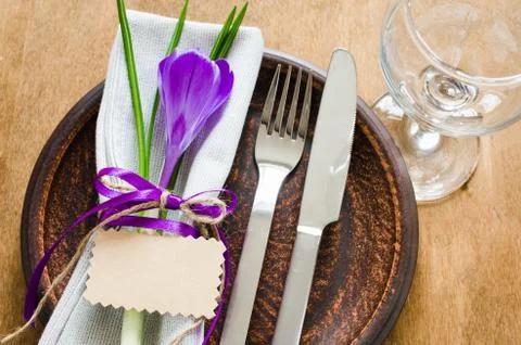 Festive Table Setting With Flower and Empty Card. Stock Photos