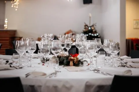 Festive Table Setting with Glassware and Decor Stock Photos