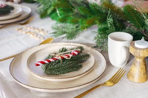 Festive table setting with natural decor for Chrismas dinner, winter holida.. Stock Photos