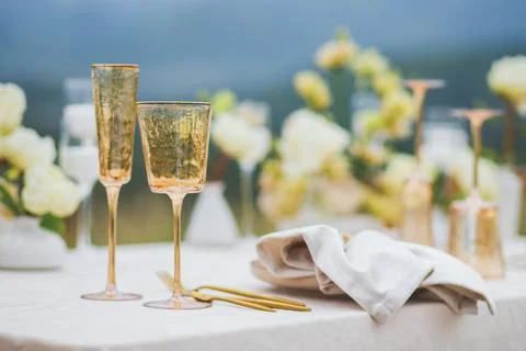 Festive table setting in pastel colored Stock Photos