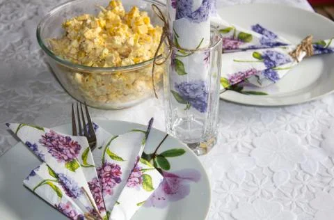 Festive table setting. Plate, glasses, napkins on holiday Stock Photos