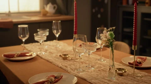 Festive Table Setting Prepared for Friendsgiving Dinner Party Stock Footage 345215851