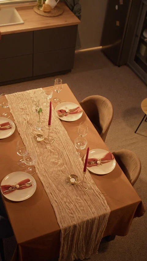 Festive Table Setting Prepared for Friendsgiving Dinner at Home Stock Footage 345234066