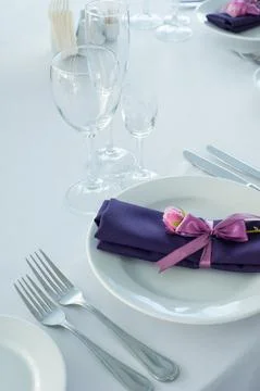 Festive table setting in the restaurant with flowers. Wedding decor. Stock Photos