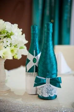 Festive table setting in the restaurant with flowers. Wedding decor. Stock Photos